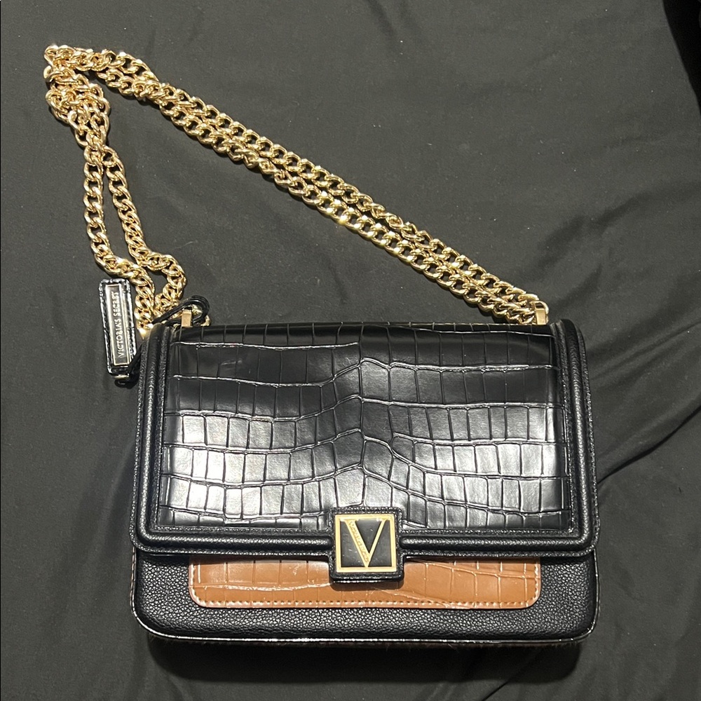 Victoria's Secret Black and Brown Croc-Embossed Crossbody Bag